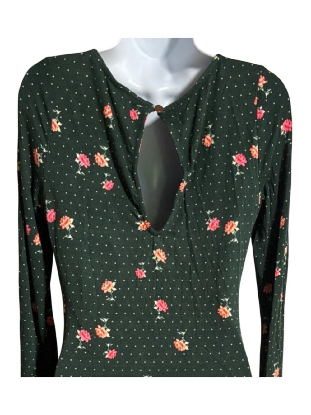 Free People Celia Mini Dress Size S Emerald Jewel Floral Polka Dot Print Ruched - Picture 10 of 12